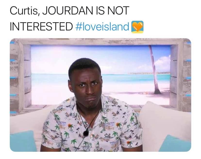 Image may contain: Love Island recoupling memes, Love Island, memes, tweets, Jourdan, Twitter, reactions, savage, twitter, Text, Clothing, Apparel, Face, Human, Person