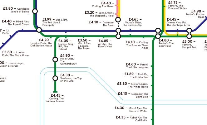 Image may contain: Cheapest pints in London, cheap, pints, London, drinks, alcohol, Spoons, Wetherspoons, map, alternative, tube, stops, North, East, South, West, Central, station, Zone, Bakerloo, Central, Circle, District, Hammersmith and City, Jubilee, Metropolitan, Northern, Piccadilly, Victoria, Waterloo and City, Text, Plan, Diagram, Plot