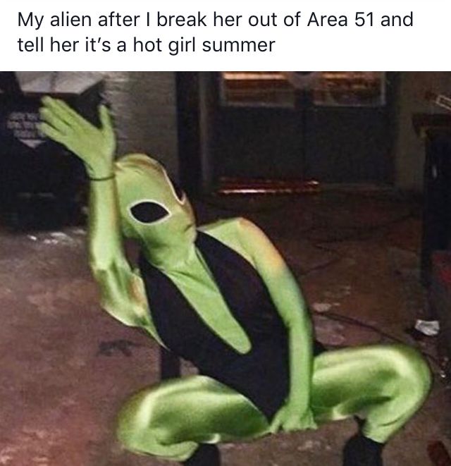 Image may contain: Area 51 memes, Area 51, meme, reaction, twitter, Las Vegas, Nevada, where, origin, explained, what is Area 51, alien, facebook, event, hot girl summer, Toy, Human, Person, Costume, Clothing, Apparel
