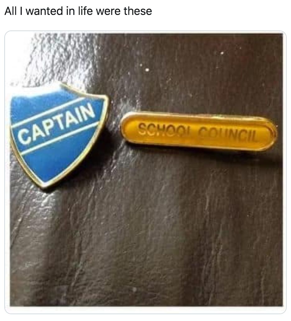 Image may contain: 90s kid memes, school, uk, meme, tweet, reaction, funny, 00s, 90s, nostalgic, Badge, school, captain, Trademark, Symbol, Logo