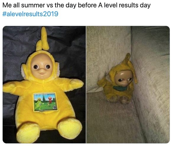 Image may contain: A-level results day memes, A-level results, A-Level, results day, memes, 2019, meme, twitter, tweet, reaction, student, college, University, uni, result, grades, students, freshers, Doll, Plush, Toy