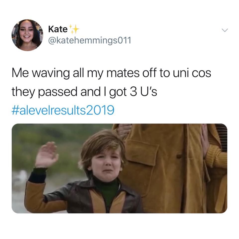 Image may contain: A-level results day memes, A-level results, A-Level, results day, memes, 2019, meme, twitter, tweet, reaction, U, E, grade, uni, mates, friends, tragic, degree, Jacket, Text, Overcoat, Coat, Person, Human, Apparel, Clothing