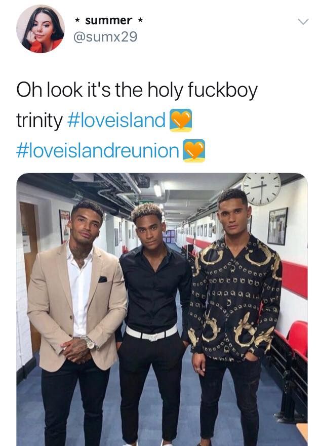 Image may contain: Love Island reunion memes, Love Island, reunion, meme, reaction, tweet, funny, last night, fuckboy trinity, Danny, Jordan, Michael, Overcoat, Suit, Coat, Jacket, Denim, Jeans, Long Sleeve, Sleeve, Pants, Apparel, Clothing, Person, Human