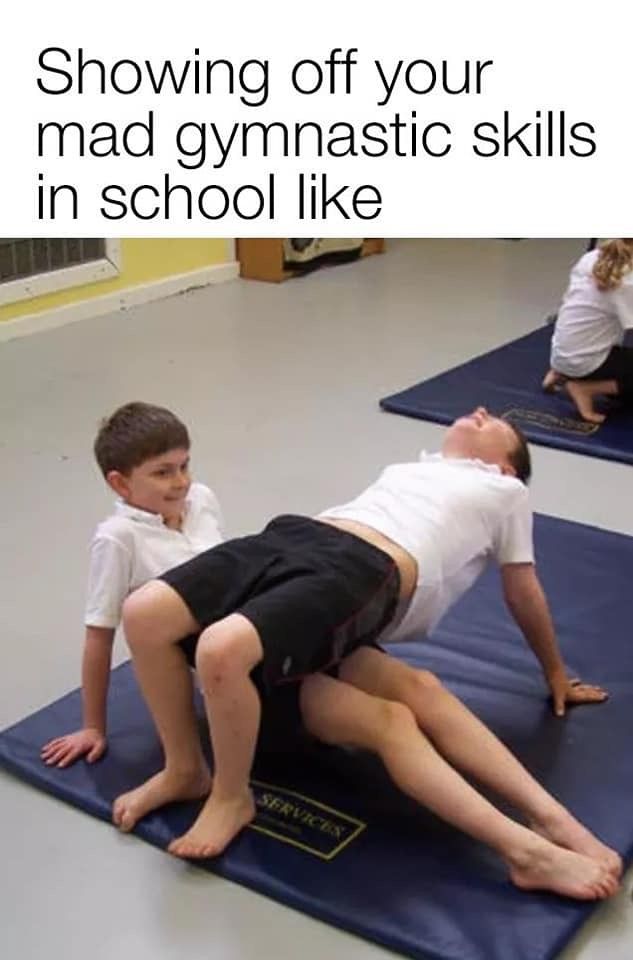 Image may contain: 90s kid memes, school, uk, meme, tweet, reaction, funny, 00s, 90s, nostalgic, gymnastics, lesson, PE, Patient, Therapy, Person, Human