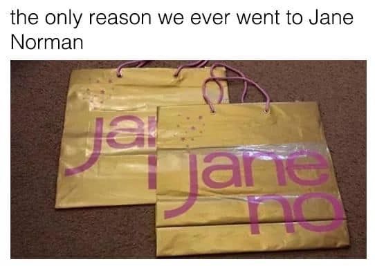 Image may contain: 90s kid memes, school, uk, meme, tweet, reaction, Jane Norman, PE kit, lesson, funny, 00s, 90s, nostalgic,Plastic, Plastic Bag, Text, Bag