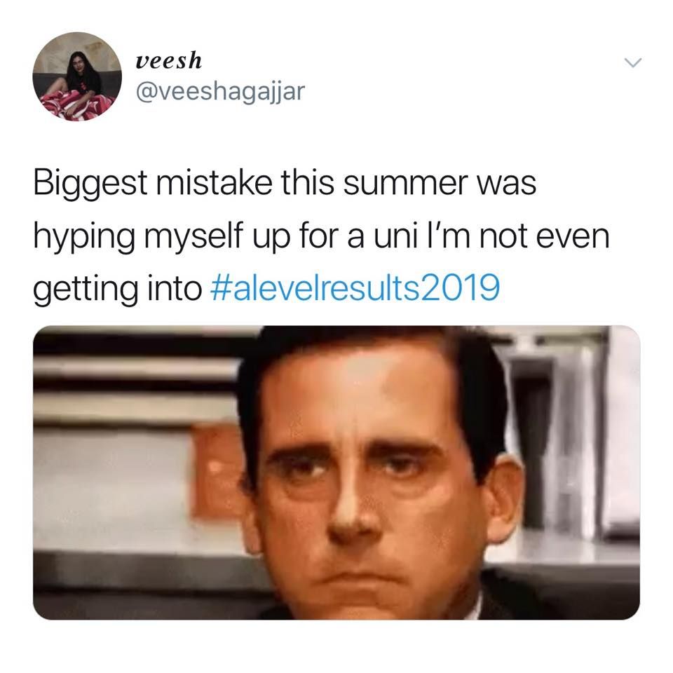 Image may contain: A-level results day memes, A-level results, A-Level, results day, memes, 2019, meme, twitter, tweet, reaction, student, course, University, uni, grades, degree, college, Poster, Advertisement, Text, Head, Person, Human, Face