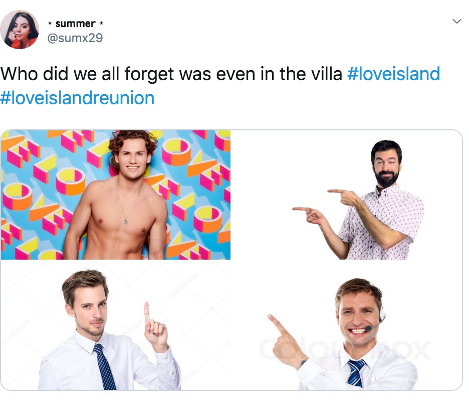 Image may contain: Love Island reunion memes, Love Island, reunion, meme, reaction, tweet, funny, last night, Joe, George, Dan, Text, Necktie, Shirt, Apparel, Clothing, Person, Human, Accessory, Accessories, Tie