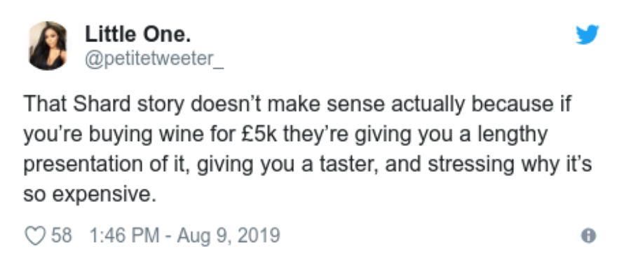 Image may contain: Tinder date at the Shard, The Shard, wine, Tinder, date, first, viral, tweet, story, twitter, true, real, debunked, the shard wine story, tinder date £15000 wine, Text, Person, Human