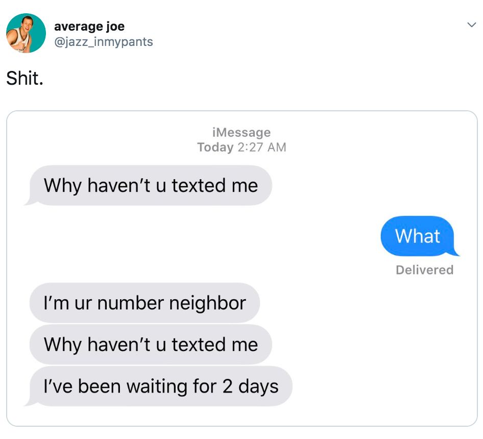 Image may contain: Number neighbour, text door, neighbour, twitter, challenge, meme, examples, what is, how to do, explained, origin, tweet, memes, best, funny, creepy, Text Message, Text
