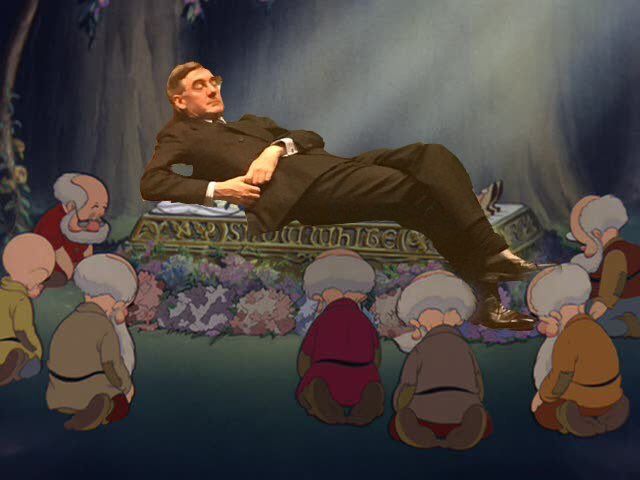 Image may contain: Jacob Rees-Mogg memes, Jacob Rees-Mogg, meme, slouch, asleep, Parliament, Brexit, House of Commons, debate, slump, dwarfs, seven, snow white, Apparel, Clothing, Person, Human, Art, Painting