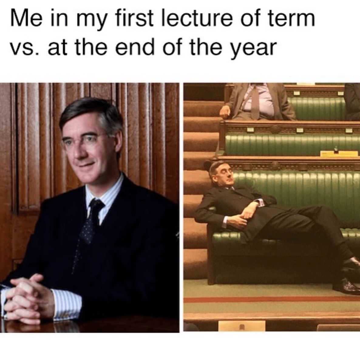 Image may contain: Jacob Rees-Mogg memes, Jacob Rees-Mogg, meme, slouch, asleep, Parliament, Brexit, House of Commons, debate, slump, Chair, Accessory, Accessories, Tie, Couch, Sitting, Suit, Coat, Clothing, Apparel, Overcoat, Furniture, Human, Person