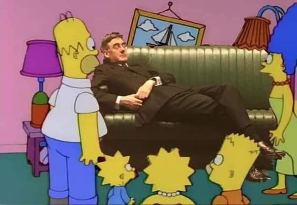 Image may contain: Jacob Rees-Mogg memes, Jacob Rees-Mogg, meme, slouch, asleep, Parliament, Brexit, House of Commons, debate, slump, Simpsons, Furniture, People, Person, Human
