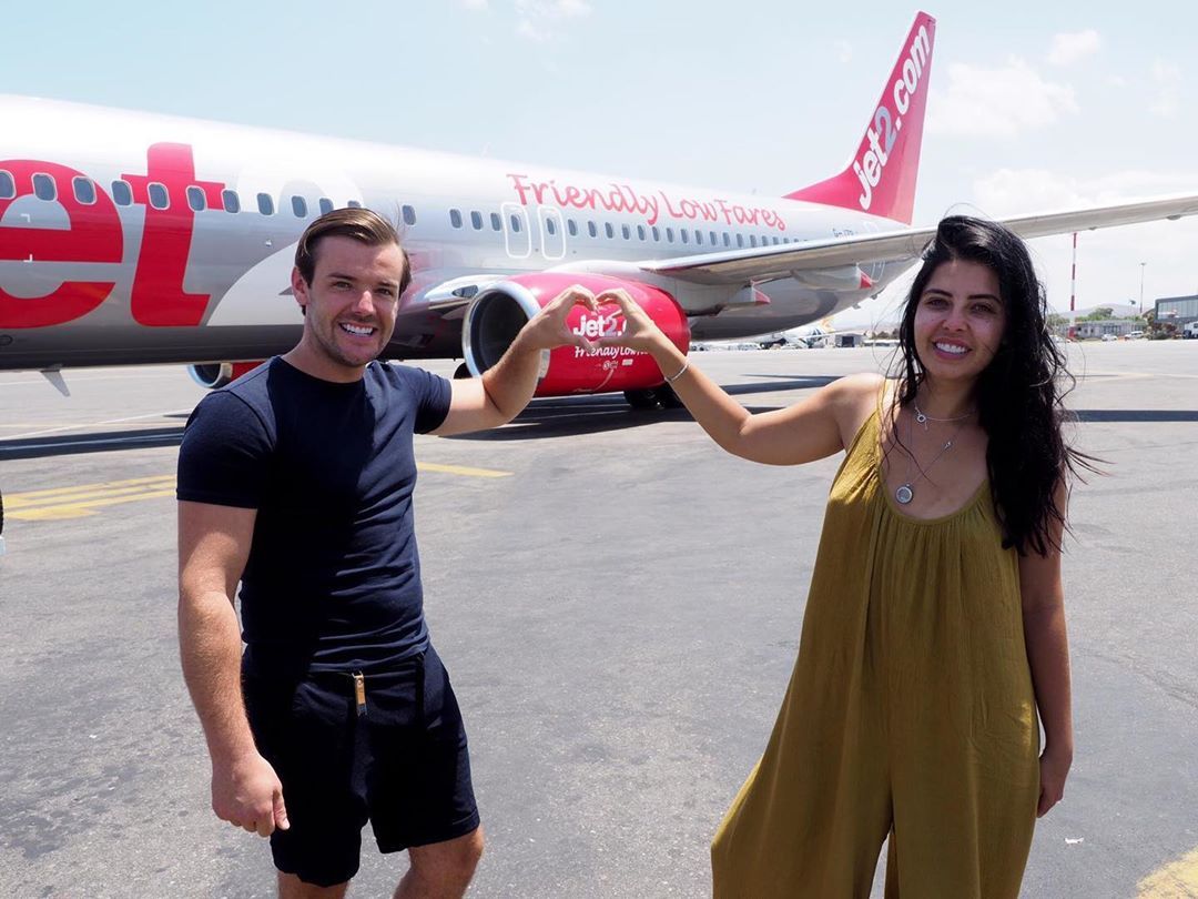Image may contain: Love Island winners, couples, Love Island, together, split, Nathan, Cara, 2016, series two, Long Sleeve, Shorts, Airliner, Sleeve, Clothing, Apparel, Transportation, Aircraft, Airplane, Vehicle, Person, Human