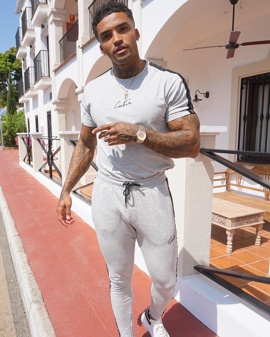 Image may contain:  Love Island 2019 contestants, Love Island, 2019, now, job, Instagram, updates, news, latest, series five, Michael Griffiths, Francesca Allen, Man, Ceiling Fan, Appliance, Shoe, Footwear, Plywood, Shorts, Clothing, Apparel, Person, Human, Wood