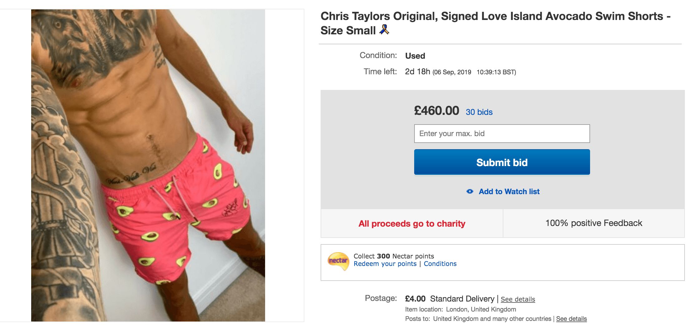 Image may contain: Love Island, Chris Taylor, merchandise, auction, eBay, merch, selling, charity, dogs trust, avocado, shorts, swim shorts, Skin, Tattoo, Text, Shorts, Human, Person, Apparel, Clothing