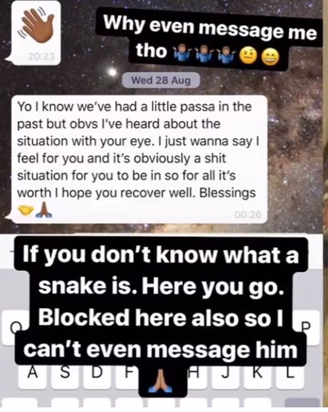 Image may contain: Theo deleted screenshots, Theo Campbell, Josh Denzel, screenshots, video, Love Island, blindness, eye, injury, Instagram story, deleted, mocking, beef, feud, drama, argument, Kaz Crossley, Text Message, Paper, Advertisement, Poster, Flyer, Brochure, Text