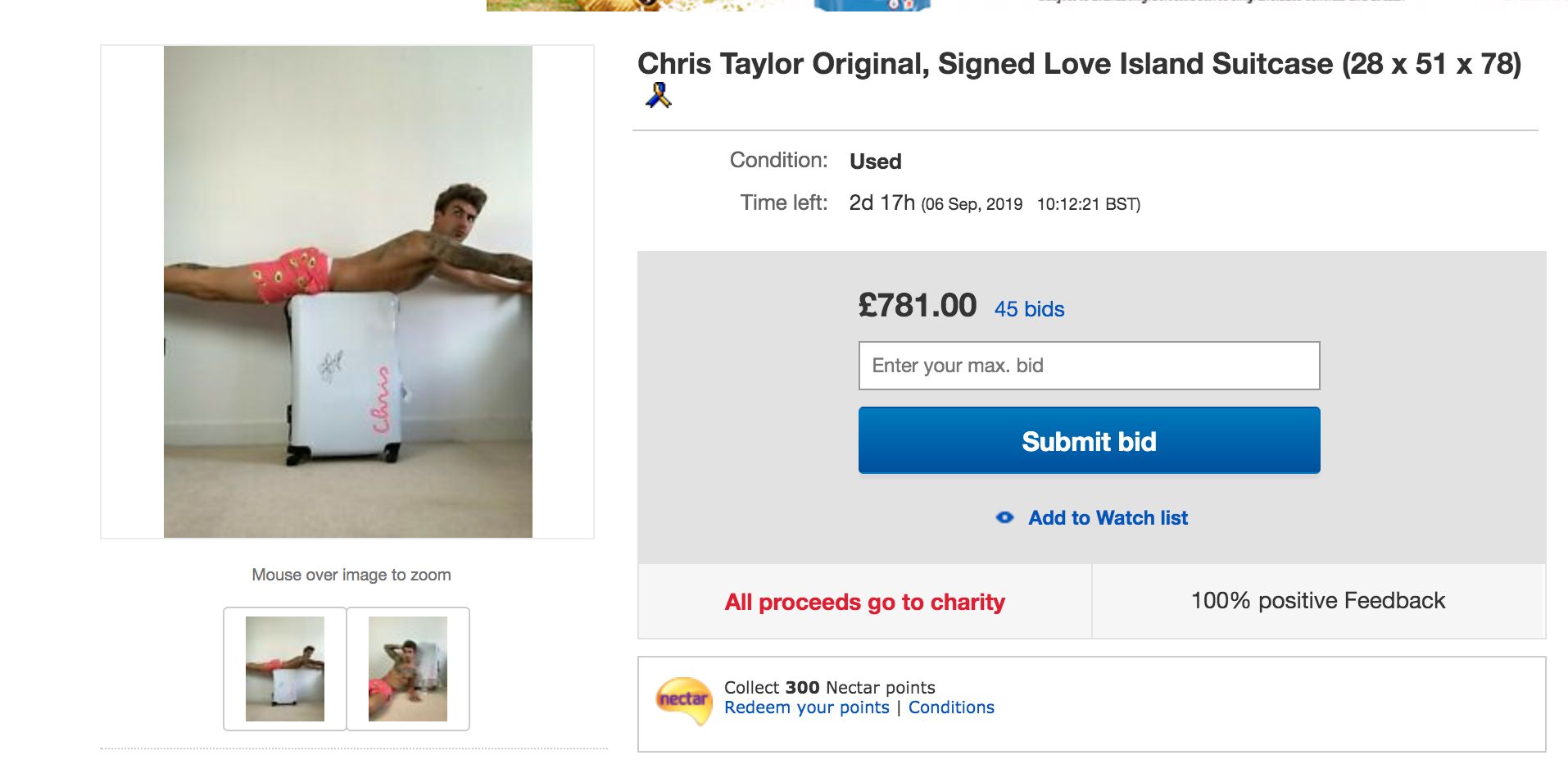 Image may contain: Love Island, Chris Taylor, merchandise, auction, eBay, merch, selling, charity, dogs trust, suitcase, Webpage, Flyer, Brochure, Paper, Advertisement, Poster, Text, File, Person, Human