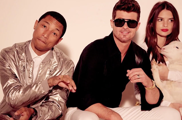 Pharrell Williams Blurred Lines, Pharrell Williams, Blurred Lines, interview, banned, ban, Robin Thicke, embarrassed, sexism, models, video, Emily Ratajkowski