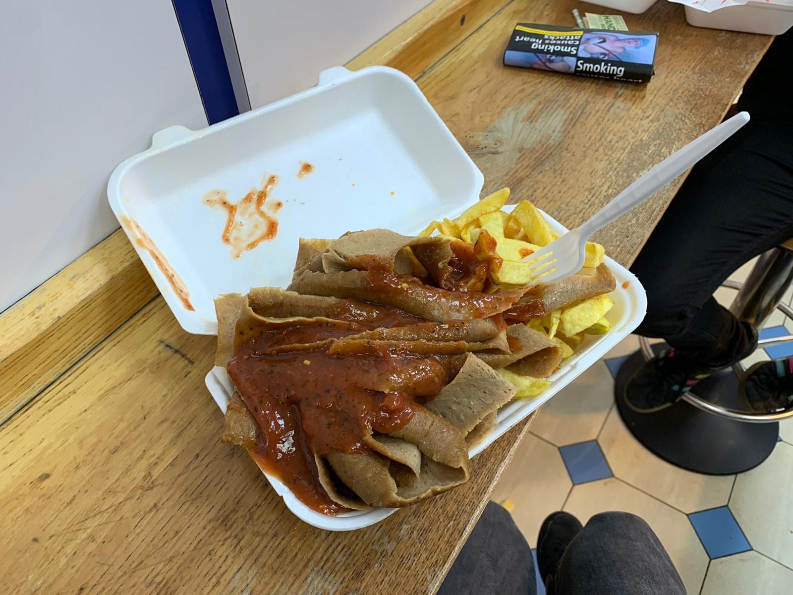 Image may contain: Fries, Food, Wood, Human, Person