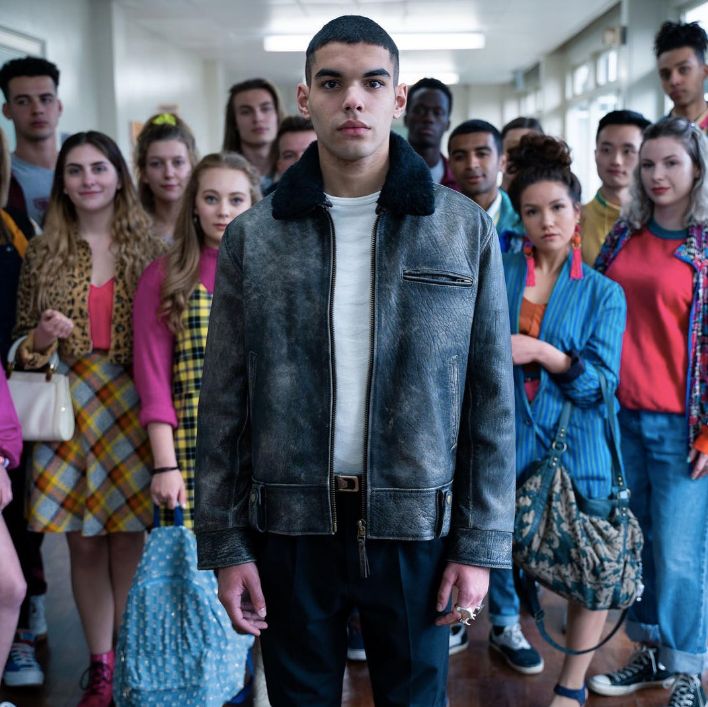 Image may contain: People, Female, Denim, Jeans, Jacket, Coat, Pants, Footwear, Shoe, Person, Human, Apparel, Clothing, sex education season two new cast, sami outalbali, rahim, netflix