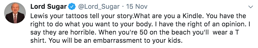 Lord Sugar, Lewis Ellis, tattoos, The Apprentice, Twitter, argument, Sir Alan, beef, drama, spat