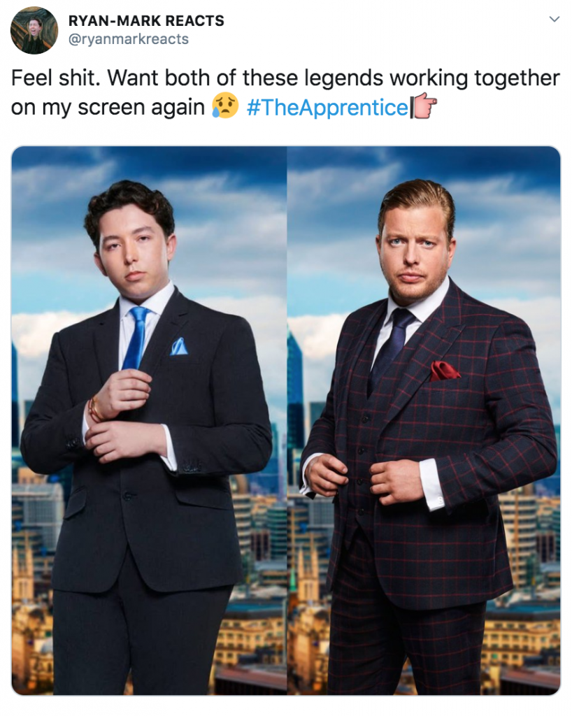 The Apprentice, 2019, Thomas Skinner, fired, candidate, Lord Sugar, Sir Alan, Thomas, pillow, salesman, last night, memes, reactions, who was fired, Ryan-Mark
