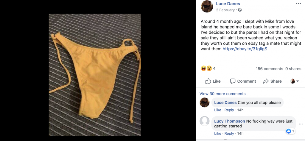 Love Island, Mike, model, underwear, ebay, listing, Luce Danes