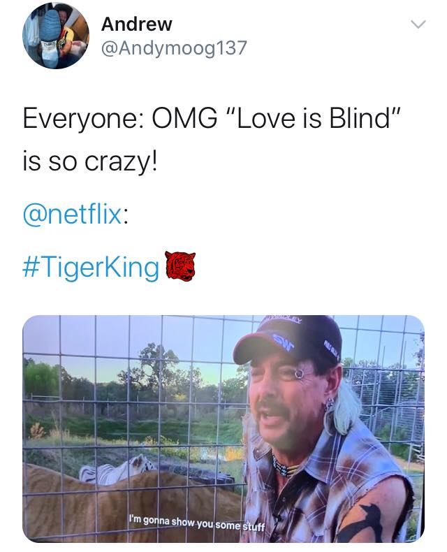 Tiger King, Joe Exotic, memes, meme, reaction, Twitter, funny, Netflix, series, Murder Mayhem and Madness, true crime, documentary,