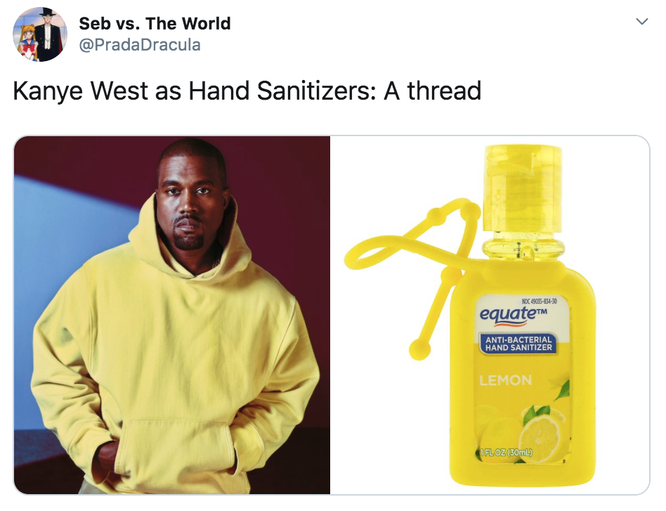celebrities as hand sanitisers, hand sanitiser, sanitizer, hand, gel, meme, celebs, celebrity, Twitter, thread, coronavirus, COVID-19, wash, Kanye West