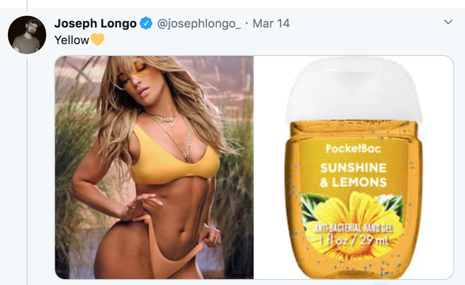 celebrities as hand sanitisers, hand sanitiser, sanitizer, hand, gel, meme, celebs, celebrity, Twitter, thread, coronavirus, COVID-19, wash, JLo