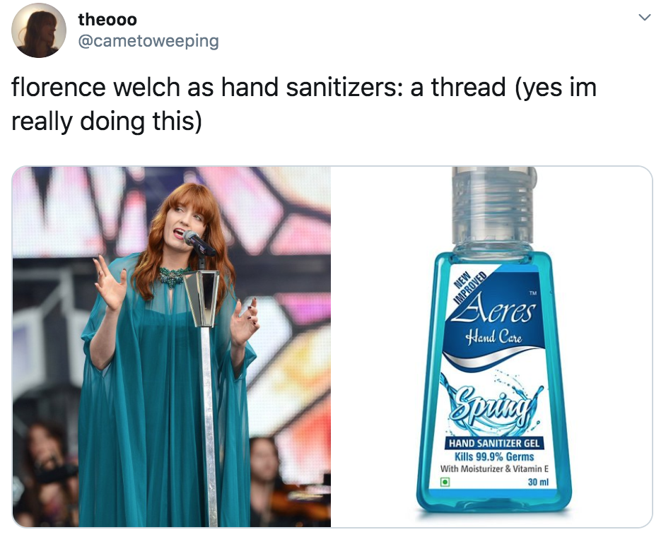 celebrities as hand sanitisers, hand sanitiser, sanitizer, hand, gel, meme, celebs, celebrity, Twitter, thread, coronavirus, COVID-19, wash, Florence Welch