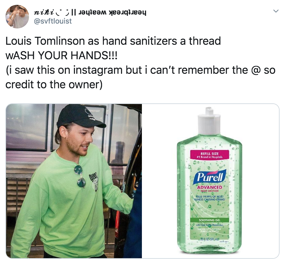 celebrities as hand sanitisers, hand sanitiser, sanitizer, hand, gel, meme, celebs, celebrity, Twitter, thread, coronavirus, COVID-19, wash, Louis Tomlinson