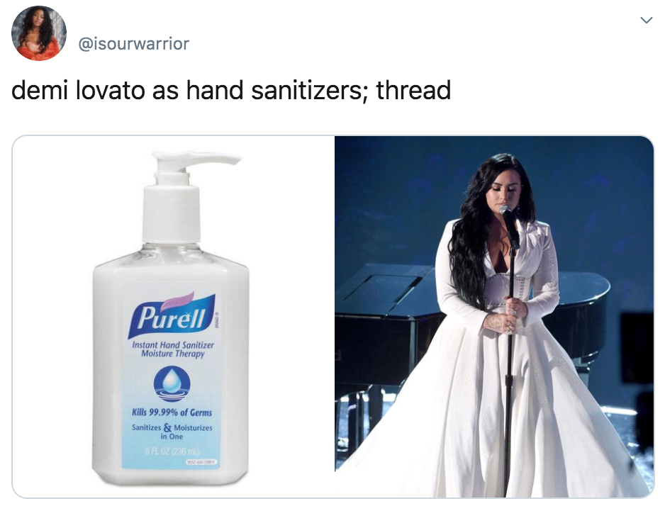 celebrities as hand sanitisers, hand sanitiser, sanitizer, hand, gel, meme, celebs, celebrity, Twitter, thread, coronavirus, COVID-19, wash, Demi Lovato
