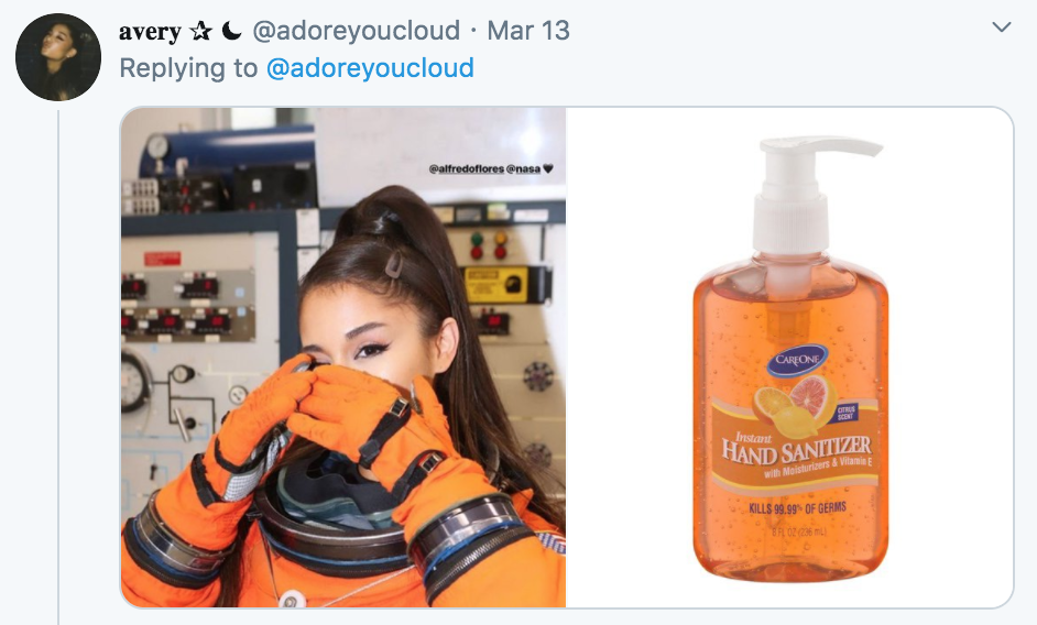 celebrities as hand sanitisers, hand sanitiser, sanitizer, hand, gel, meme, celebs, celebrity, Twitter, thread, coronavirus, COVID-19, wash, Ariana Grande