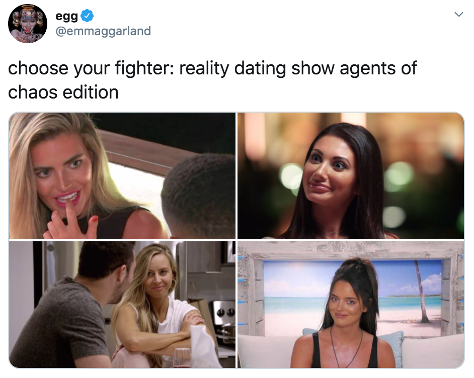Reality TV, chaos, meme, choose your fighter, megan barton hanson, francesca, jessica, maura, love is blind, love island, too hot to handle