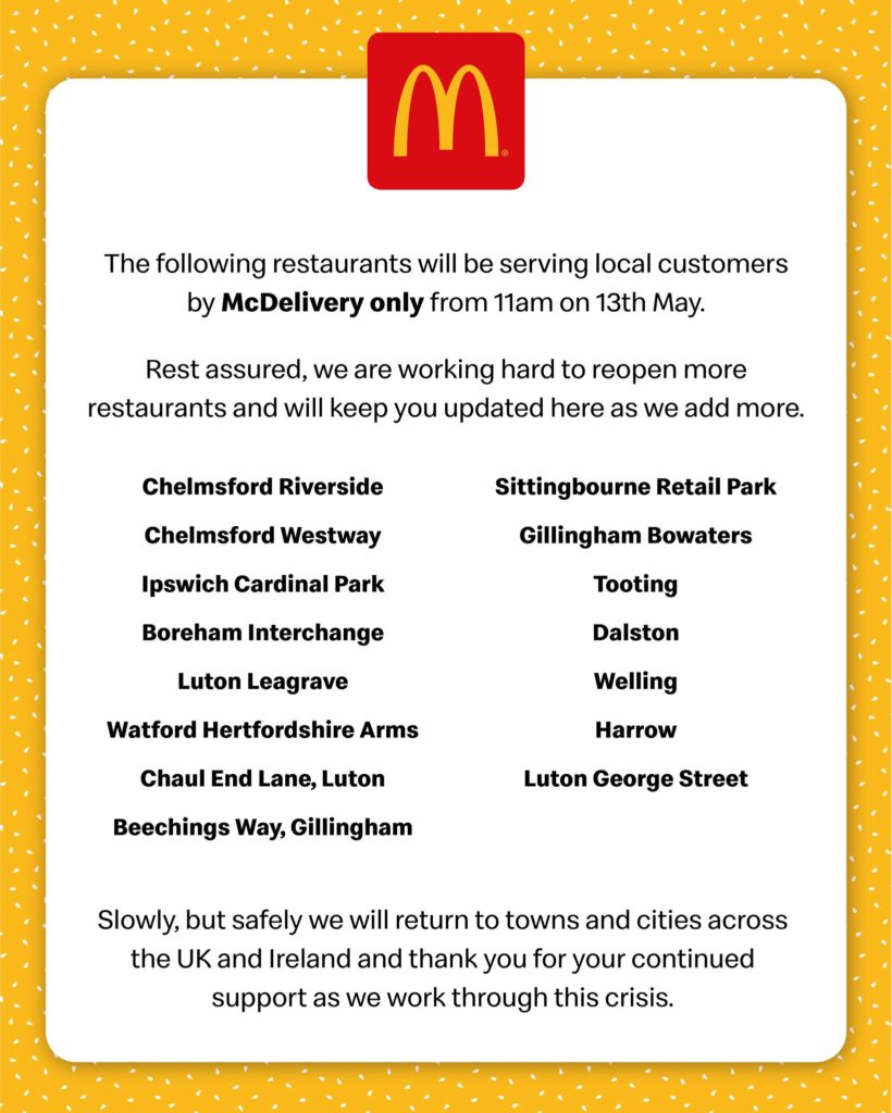 Which McDonald's are reopening, McDonald's, reopen, delivery, latest, news, where