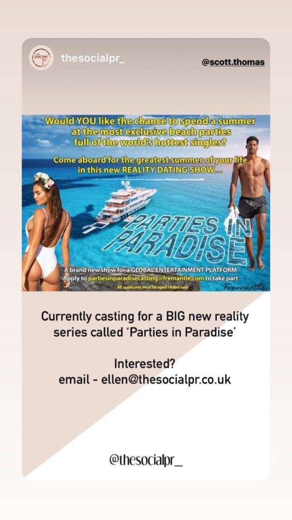 Parties in Paradise, Love Island, new, dating, reality, TV, show, about, Scott Thomas, applications