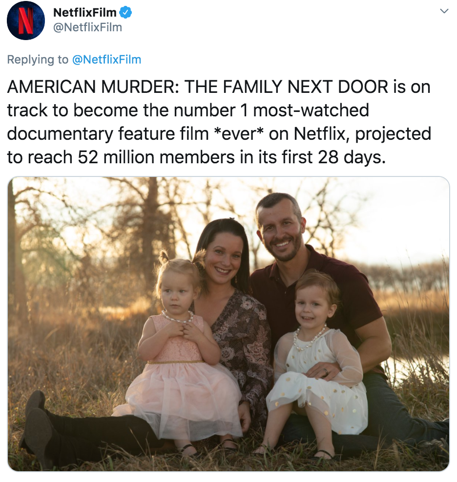 American Murder, The Family Next Door, viewing figures, stats, views, most watched, Netflix, documentary, feature, film, movie, ever