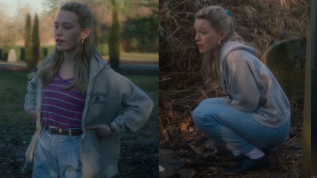 denim dani bly manor outfit hoodie