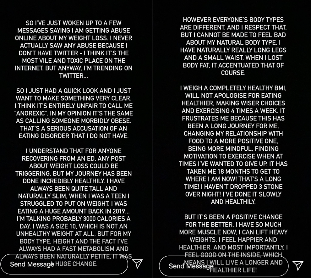 Zara McDermott, weight loss, Instagram, story, post, back lash, response, Twitter