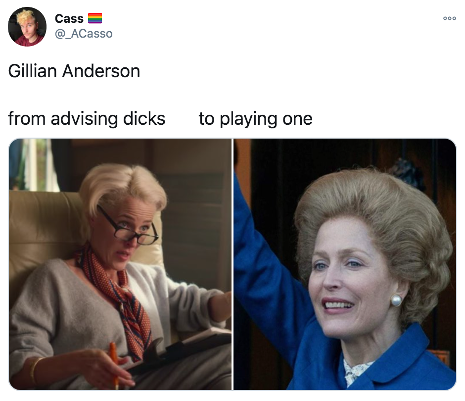 Gillian Anderson, memes, meme, Twitter, TikTok, Sex Education, The Crown, Jean Milburn, Margaret Thatcher