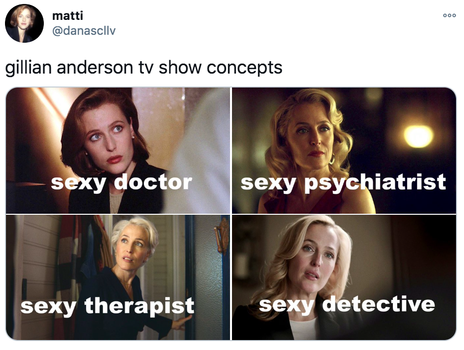 Gillian Anderson, memes, meme, Twitter, TikTok, Sex Education, The Crown, Jean Milburn, Margaret Thatcher, TV Concepts, The Fall, Stella Gibson