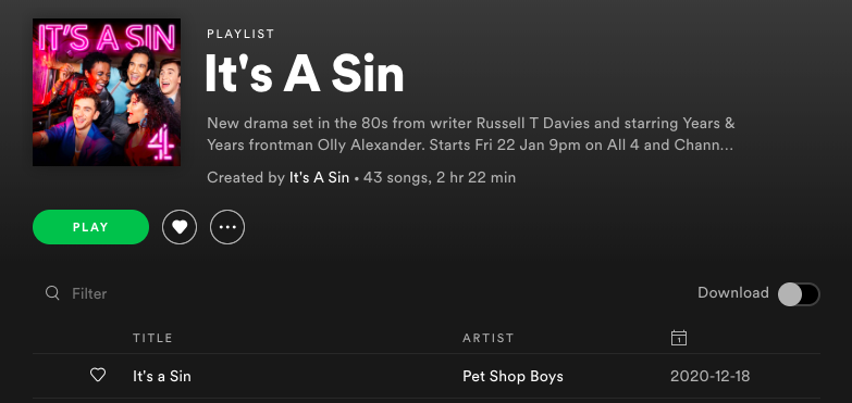 it's a sin, soundtrack, spotify, playlist, music