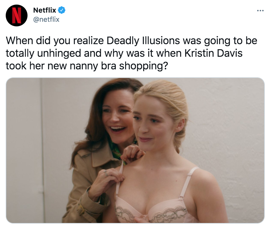 Deadly Illusions, Netflix, memes, meme, reaction, Twitter, review, movie, film, Mary, Grace, bra, shopping