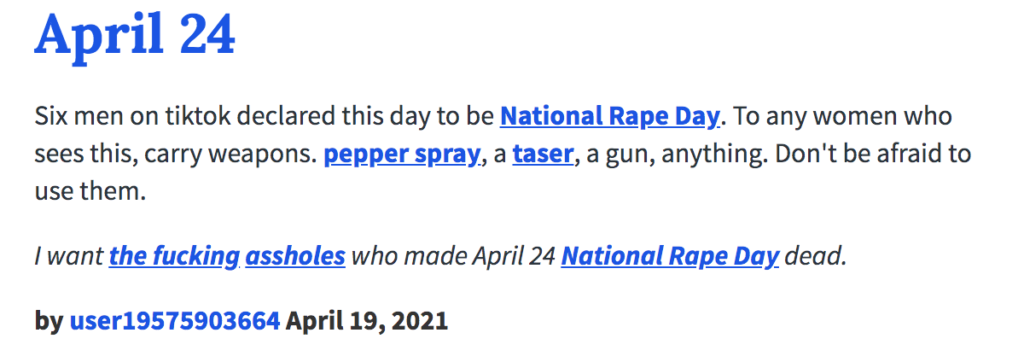 April 24th, Urban Dictionary, sexual assault, national rape day, origin, started, definition, TikTok