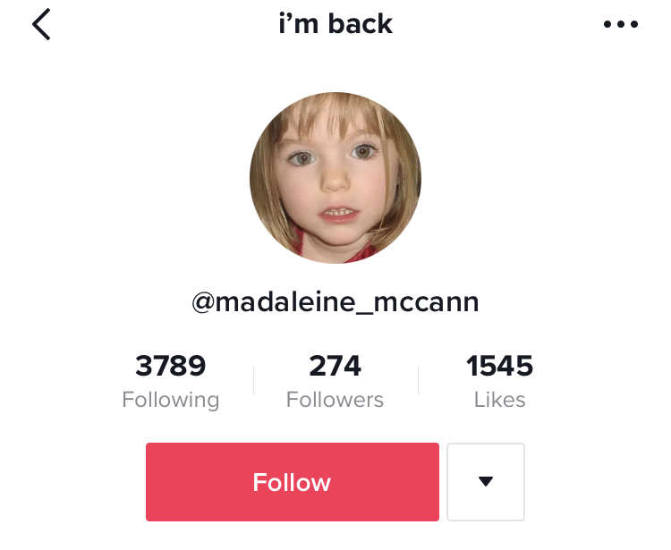 TikTok, Madeleine McCann, trend, user, profile