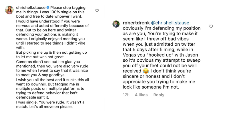 Comments between Robert and Chrishell about the boat party scene on Selling Sunset season four
