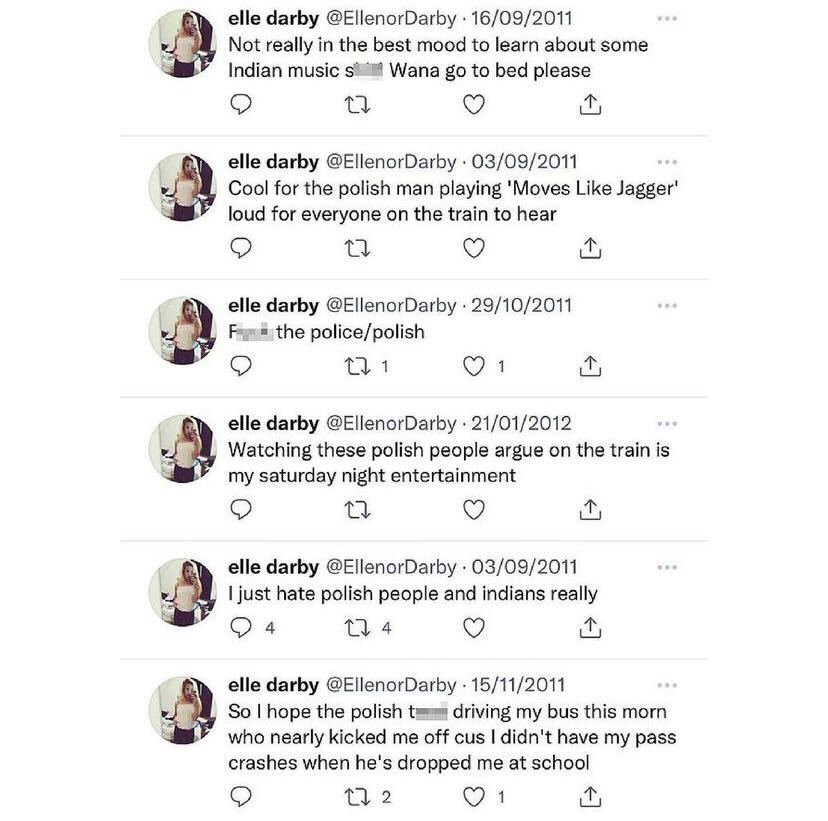 Elle Darby racist tweets