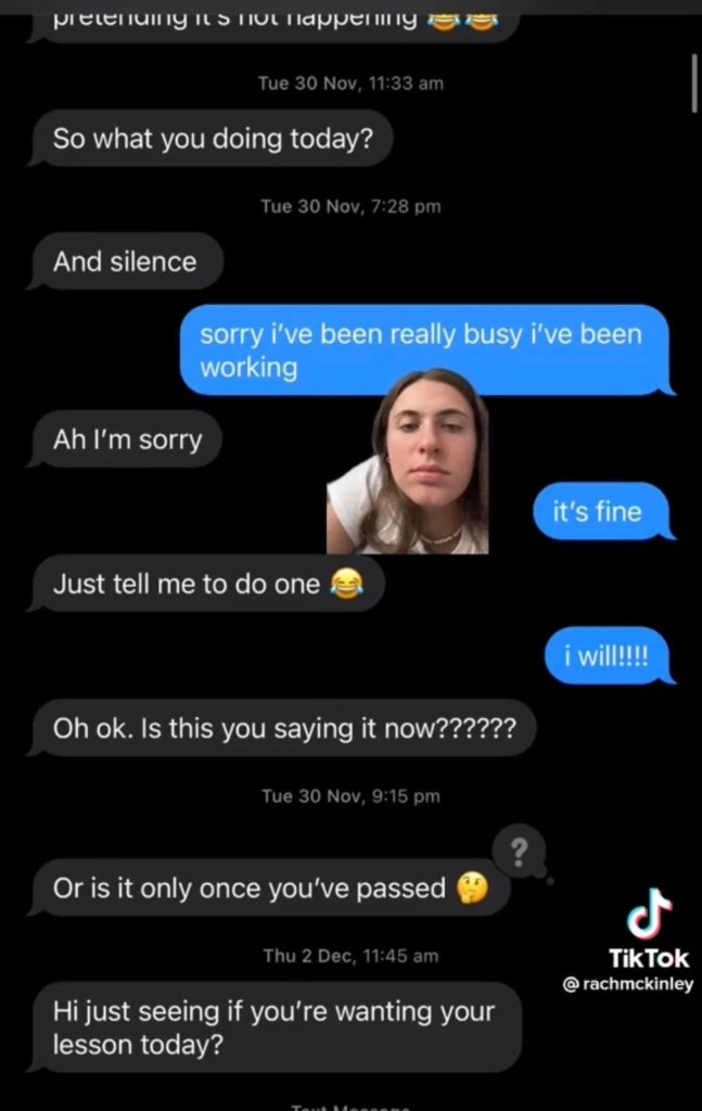 Pictured is a screenshot of the texts between Rachel and the driving instructor