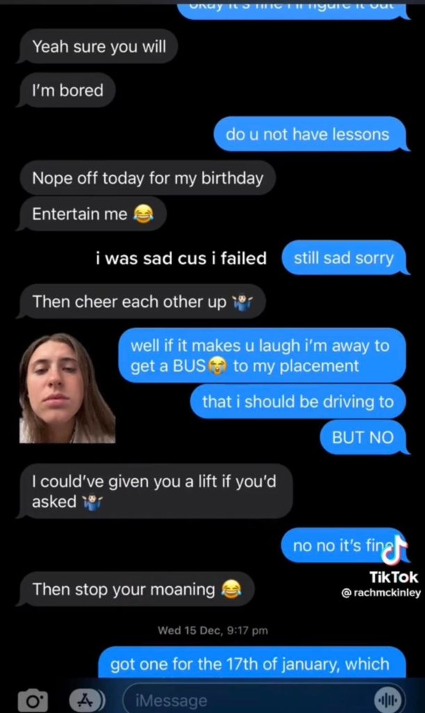 Pictured is a screenshot of the texts between Rachel and the driving instructor